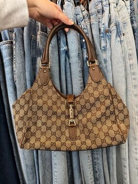 Gucci Brown GG Supreme Canvas Shoulder Bag with Gold Buckle